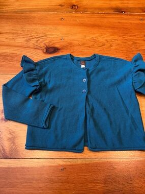 TEA COLLECTION 8-10 Teal Blue Ruffled Sleeve Knit Caridgan Jacket